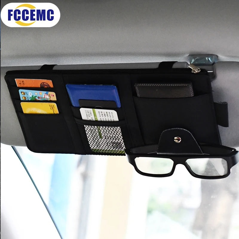 Car Glasses Storage PU Leather Multi-Function Sun Visor Point Organizer Storage Pocket Auto Sunglasses Holder Cards Organizer
