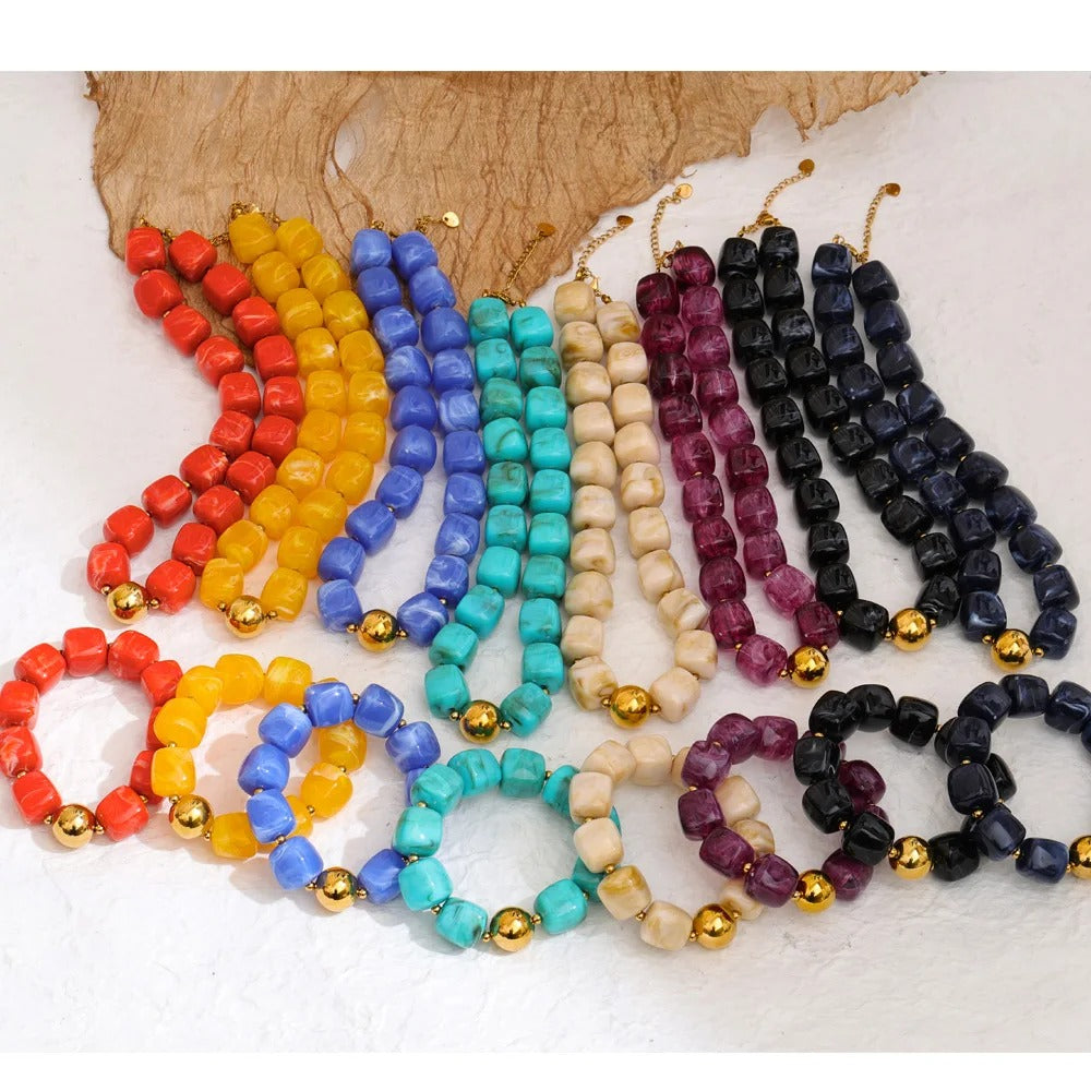 Yhpup Hot Style Handmade Jewelry Acrylic Resin Beads Chain Necklace Bracelet Stainless Steel Spring Summer Statement Accessories
