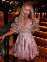 Elegant Floral Printed Mini A-line Dress Women Deep V-neck Puff Half Sleeve Waist-cinching Dresses 2026 Lady Party Club Gown