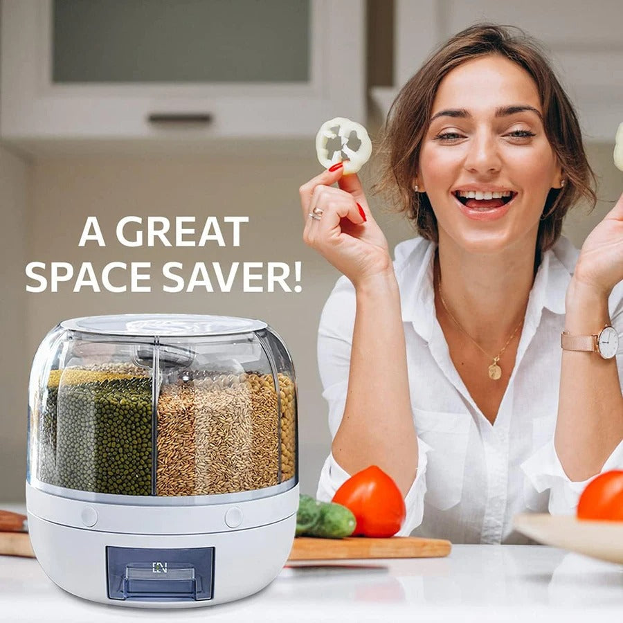 360° Rotating 6-Grid Food Dispenser - Airtight Kitchen Storage Container for Grains, Cereal & Dry Goods
