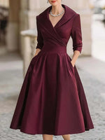 Women's Vintage V Neck Long Sleeve Wrap Waist A Line Midi Dress with Pockets