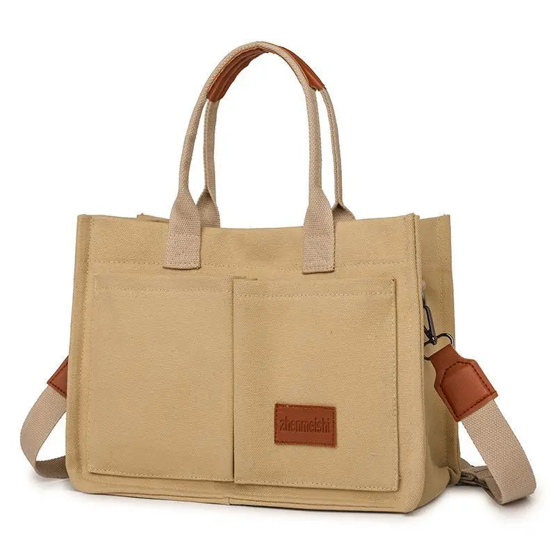 Cross-border Canvas Tote Bag Women Large Capacity Multiple Pockets Trendy Crossbody Bag Wide Shoulder Strap Magnetic Closure