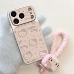 INS Electroplated Leather Hellokitty Phone Case for iPhone 17 Pro 15 14 16 Pro Max Fundas with Plush Pendant Strap Cute Cases