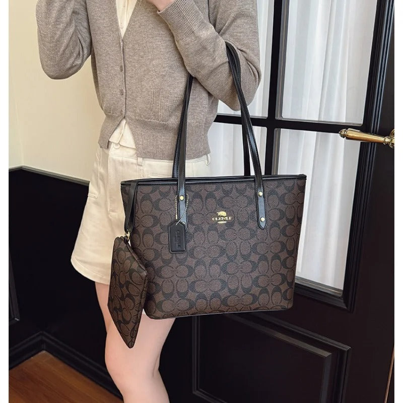 Large Capacity Printed Bucket Tote Bag Zipper Opening Single Shoulder Handbag Simple City Style For Travel Shopping