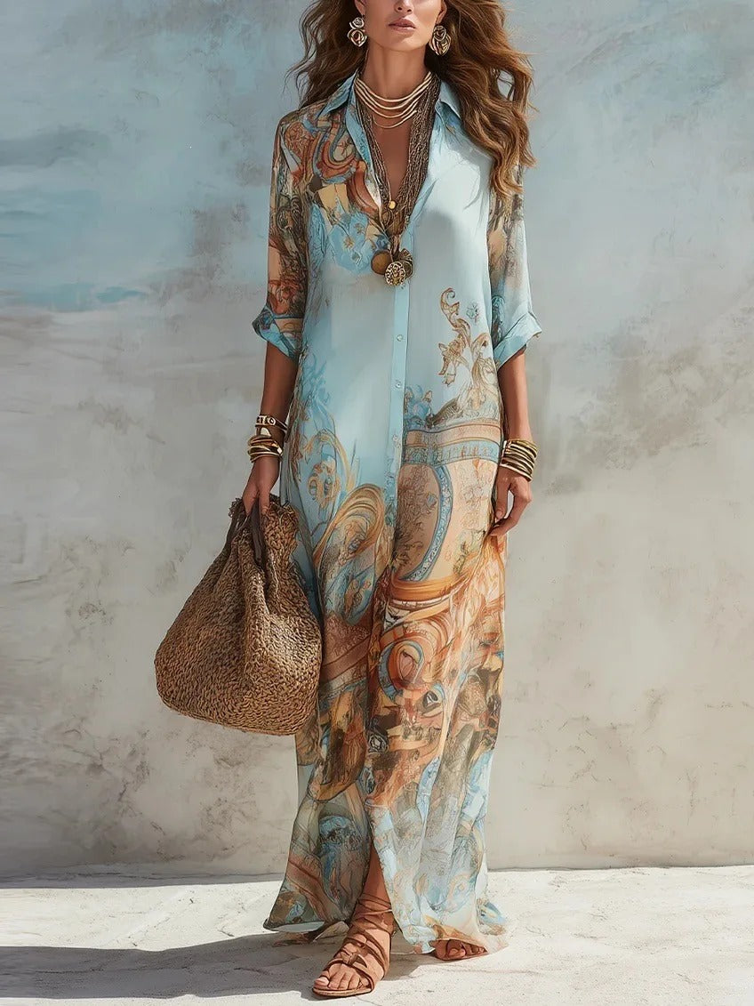 Elegant Shirt Dress for Women Digital Print Turndown Collar Single-breasted Dresses Flowy Casual Boho Summer Clothing