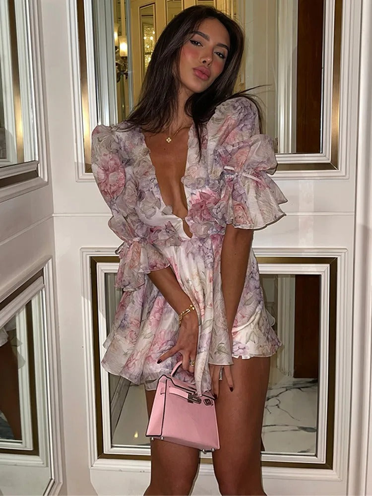 Elegant Floral Printed Mini A-line Dress Women Deep V-neck Puff Half Sleeve Waist-cinching Dresses 2026 Lady Party Club Gown