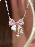 Sweet Pink Bow Necklace Ladies Fashion Sparkling Rhinestone Star
