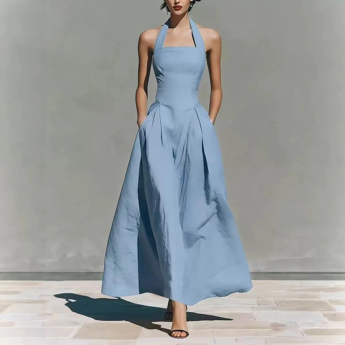 2026 European and American Spring and Summer Neck-Hanging Linen-Style Leisure Fashion Slim-Fitting Pocket