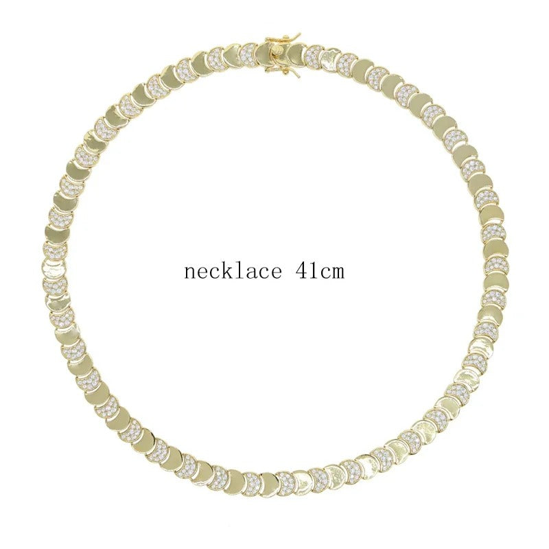 Wholesale Geometric Shiny Plain Micro Pave 5A Zirconia CZ Moon Shaped Chain Choker Necklace Gold Color Fashion Women Jewelry Set